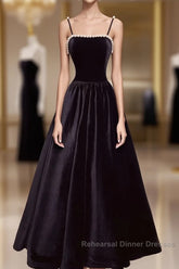 Aline Black Velvet Long Semi Formal Prom Dress, Black Formal Graduation With Beading